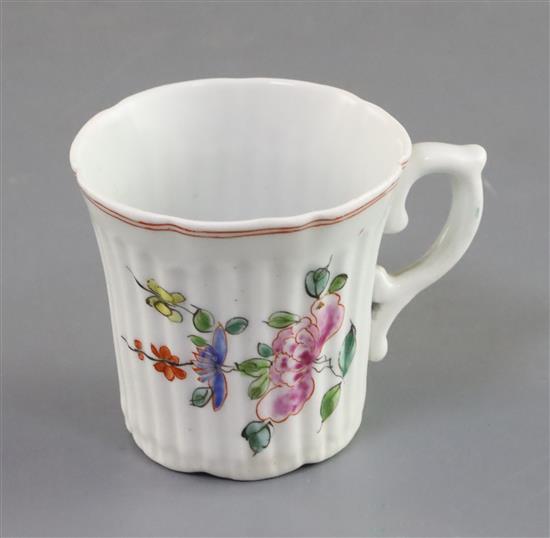 An early Worcester polychrome reeded heptafoil coffee cup, c.1754, h. 5.2cm